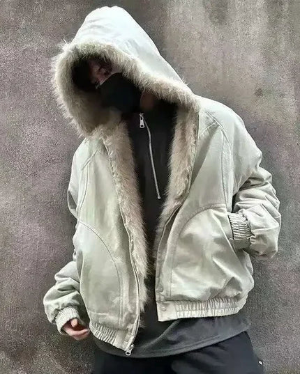 Unisex Wool-Blend Hooded Cotton Jacket with Plush Collar, Thick and Oversized