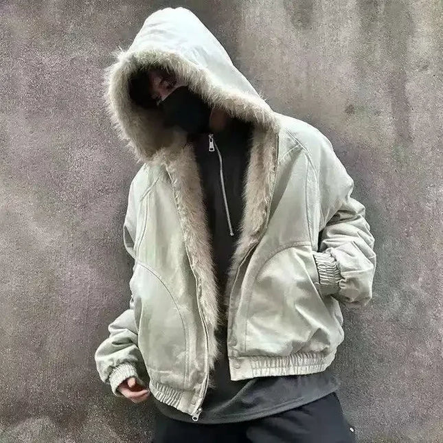 Unisex Wool-Blend Hooded Cotton Jacket with Plush Collar, Thick and Oversized