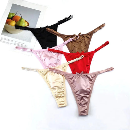 3-Piece Pink Satin Thong Set for Women - Adjustable Low Waist, Comfortable Silk Lace Underwear