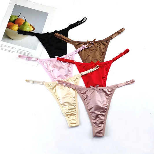 3-Piece Pink Satin Thong Set for Women - Adjustable Low Waist, Comfortable Silk Lace Underwear
