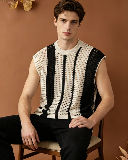 Men's Hollow-Out Knitted Striped Vest - Loose Fit