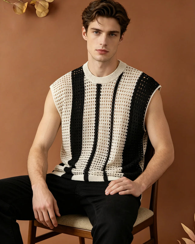 Men's Hollow-Out Knitted Striped Vest - Loose Fit