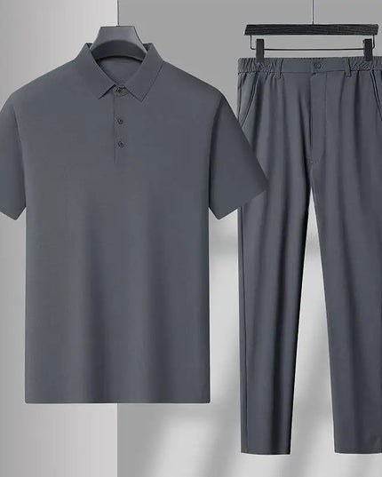 Men's Two-Piece Relaxed Ice Silk Stan Collar T-Shirt and Pants Set