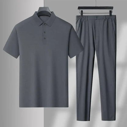 Men's Two-Piece Relaxed Ice Silk Stan Collar T-Shirt and Pants Set