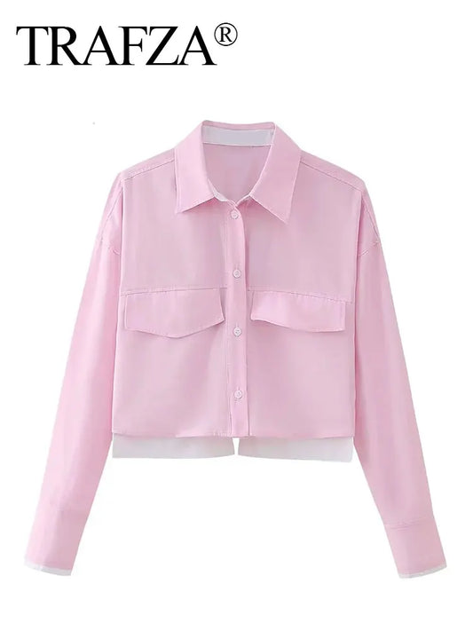 TRAFZA Women’s Cropped Button-Up Shirt