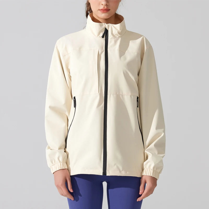 Women's Waterproof Rain Jacket with Stand Collar - Lightweight, Full Zipper