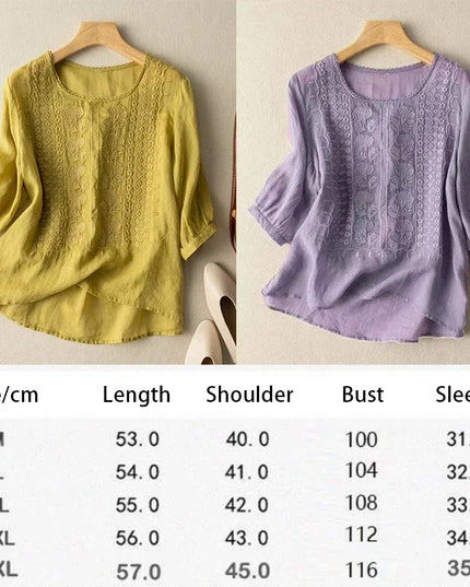 Women's Retro O-Neck Embroidered Half Sleeve Loose Casual Ruched Cotton Blouse
