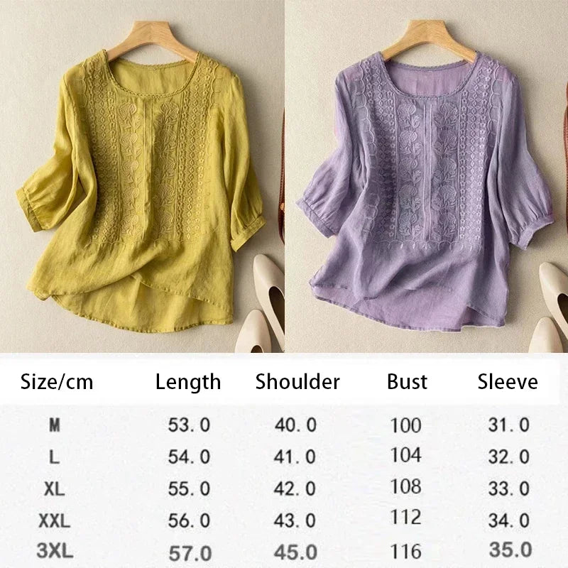 Women's Retro O-Neck Embroidered Half Sleeve Loose Casual Ruched Cotton Blouse