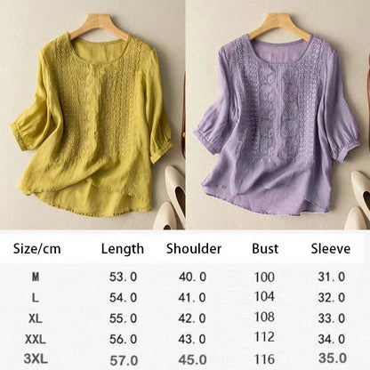 Women's Retro O-Neck Embroidered Half Sleeve Loose Casual Ruched Cotton Blouse