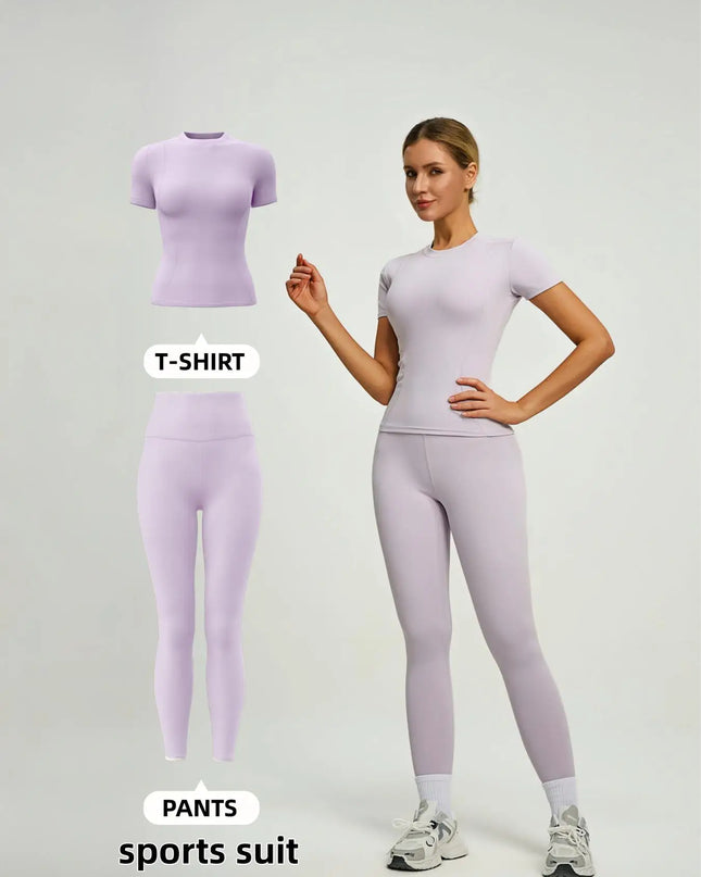 Women's  Short Sleeve Set with High-Waist Yoga Pants and T-Shirt Set