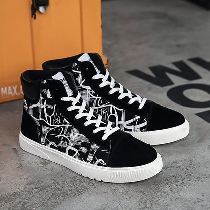 Men's Lace-Up High-Top Canvas Sneakers with Vulcanized Sole