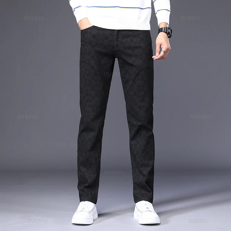 Men's Cotton Stretch Plaid Casual Pants - Slim Fit, Straight Fit, Classic Men's Trousers