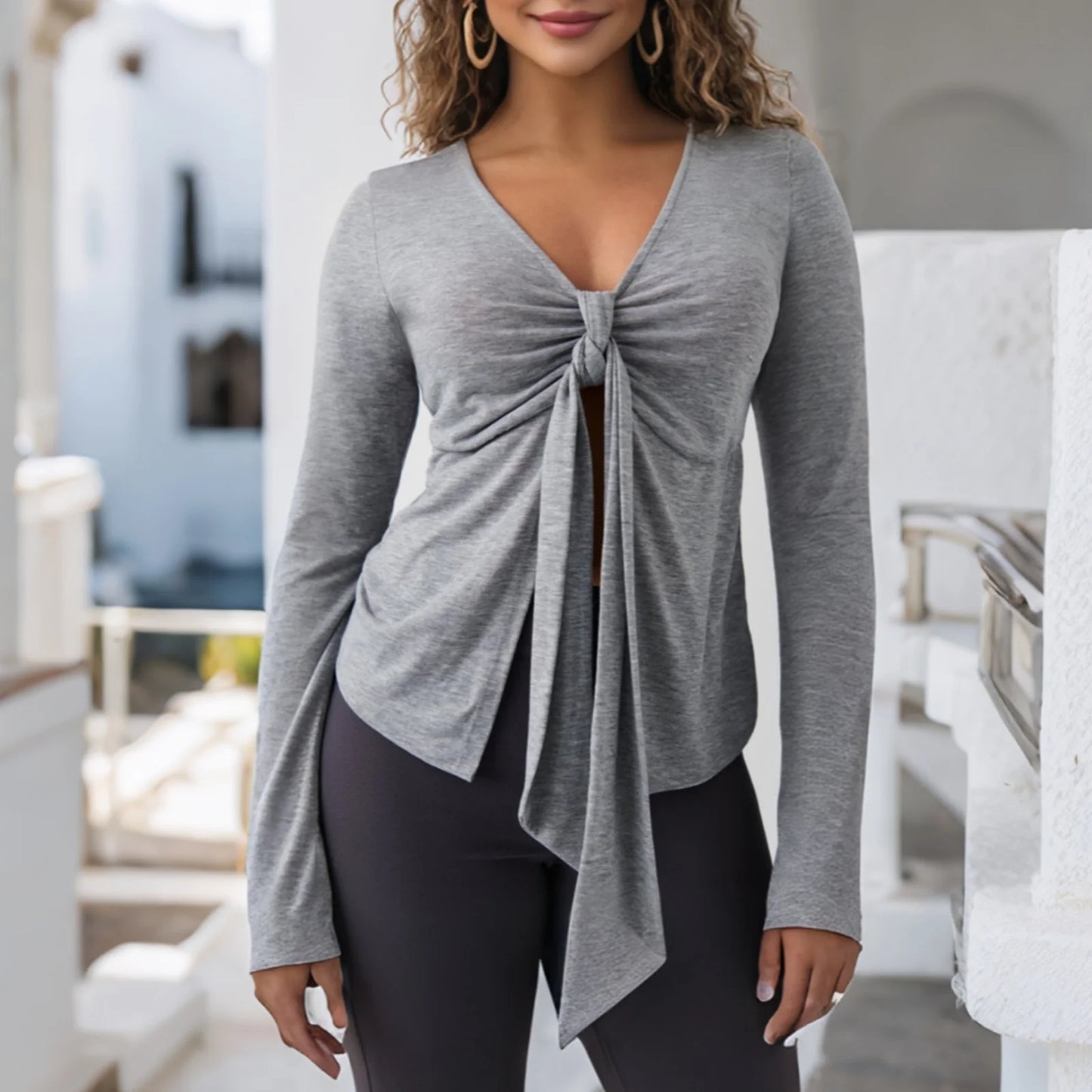 Women's Long Sleeve V-Neck Tie-Front Blouse