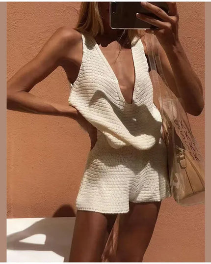 Knitted Women's Two-Piece Set with Deep V-Neck Sleeveless Loose Vest and Lace-Up Short