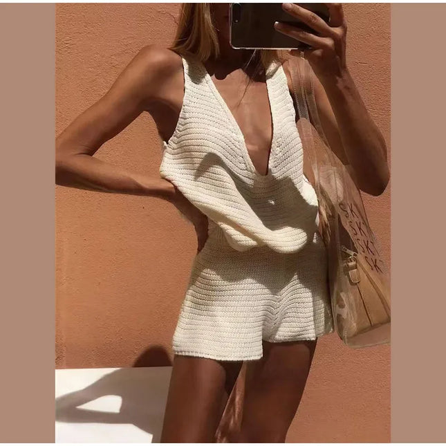 Knitted Women's Two-Piece Set with Deep V-Neck Sleeveless Loose Vest and Lace-Up Short