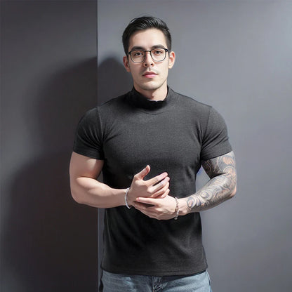 Men's Short Sleeve T-Shirt with Half High Collar – Slim Fit Casual Top for Men