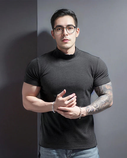 Men's Short Sleeve T-Shirt with Half High Collar – Slim Fit Casual Top for Men
