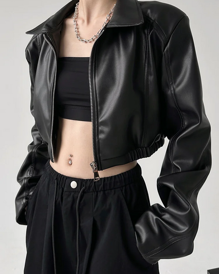 Women's PU Leather Lapel Jacket with Long Sleeves, Crop Style, Zipper Closure