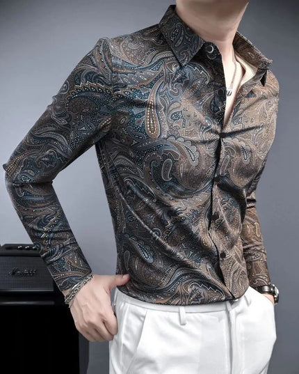Retro Men's Long Sleeve Shirt – Casual Slim Fit Print Top for Men