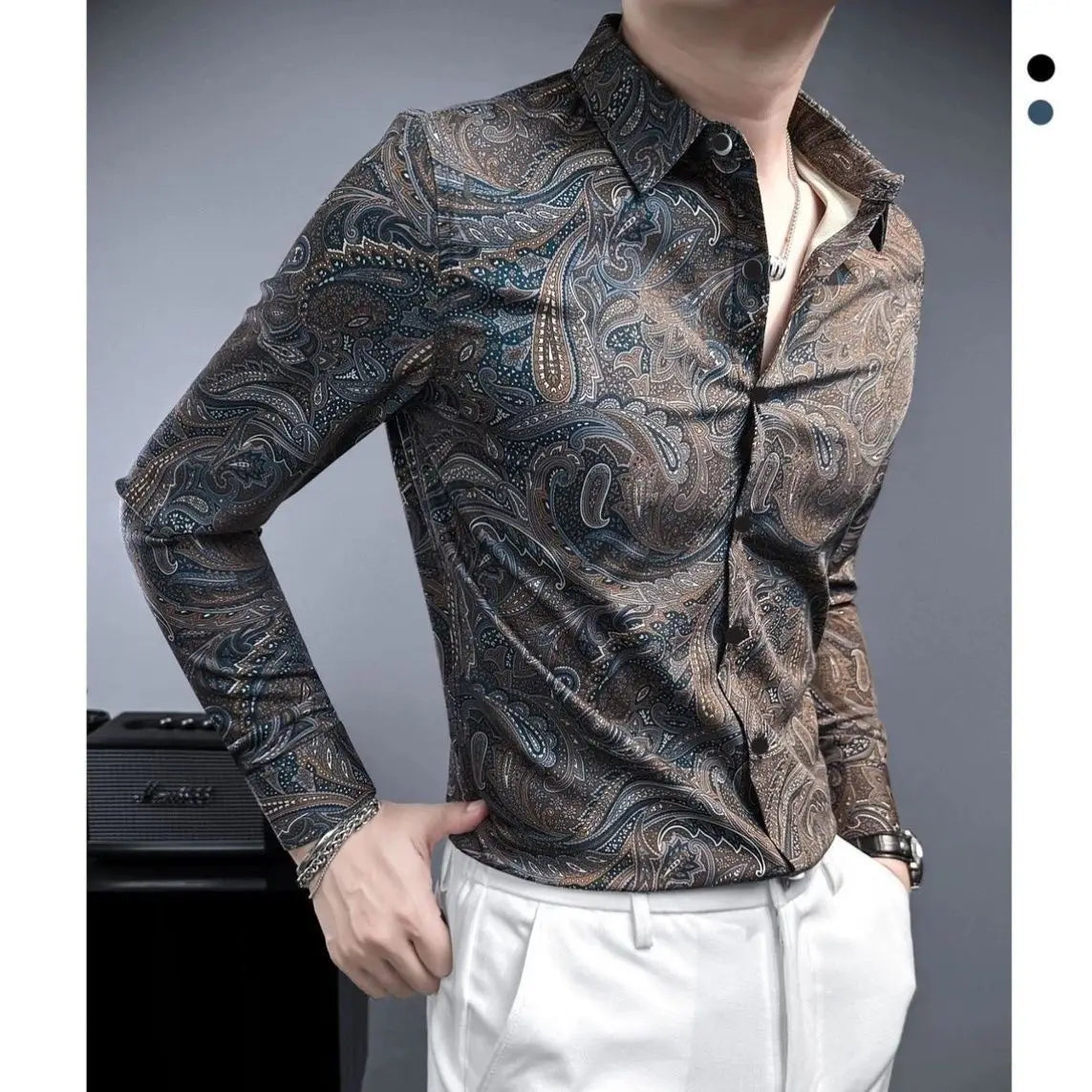 Retro Men's Long Sleeve Shirt – Casual Slim Fit Print Top for Men