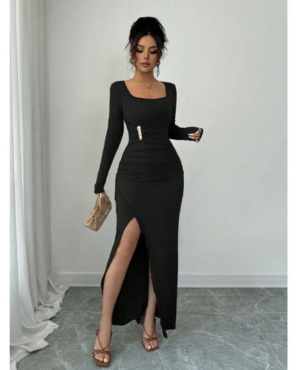 Long Sleeve Drawstring Dress for Women with Ruched High Split and Square Neckline