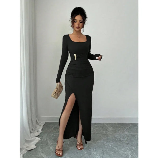 Long Sleeve Drawstring Dress for Women with Ruched High Split and Square Neckline