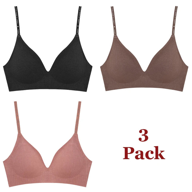 FINETOO 3-Piece Women's Striped Wireless Padded Deep V Bra with Breathable Design and Adjustable Straps