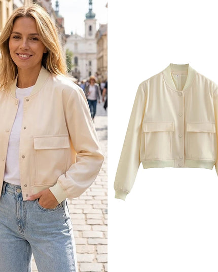 Women's V-Neck Single-Breasted Jacket with Pockets