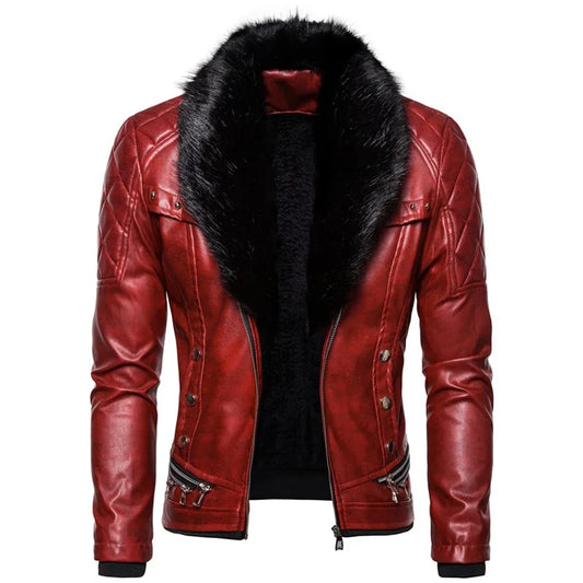 Men's Removable Collar Slim Fit Warm Faux Leather Jacket