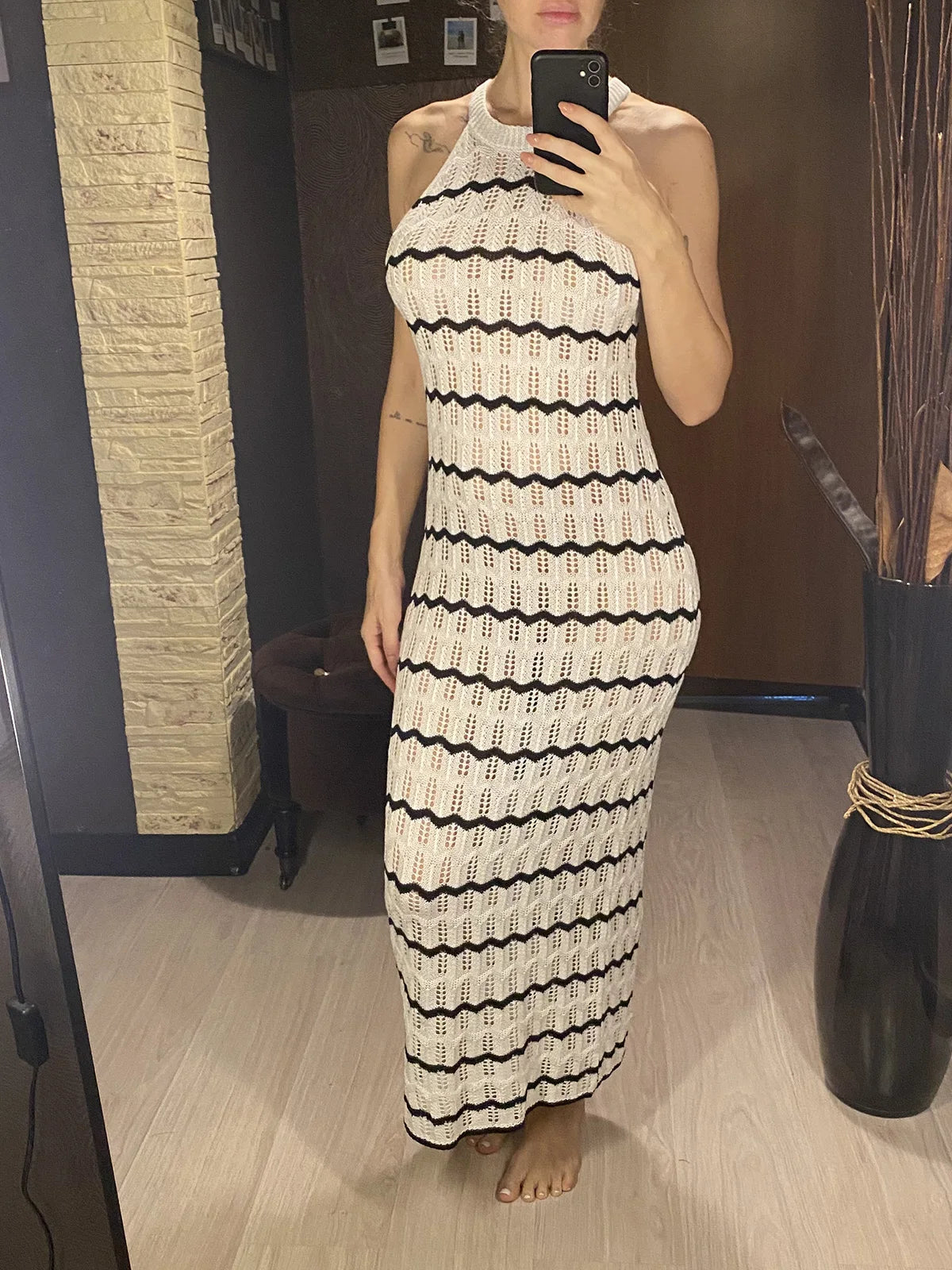 Women's Sleeveless Striped Hollow-Out Crochet Knit Dress