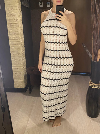Women's Sleeveless Striped Hollow-Out Crochet Knit Dress