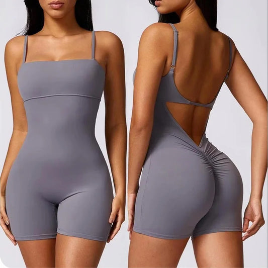 Gray bodysuit worn by a model, shown from front and back views.