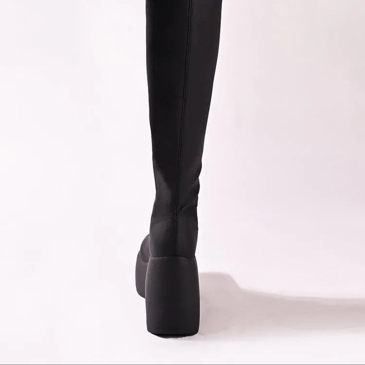 Women's Thick-Soled Knee-High Boots with Round Toe and High Heel