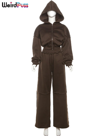 WeirdPuss Women's Zipper Hoodie and Drawstring Tracksuit Set - Stylish 2-Piece Activewear Outfit