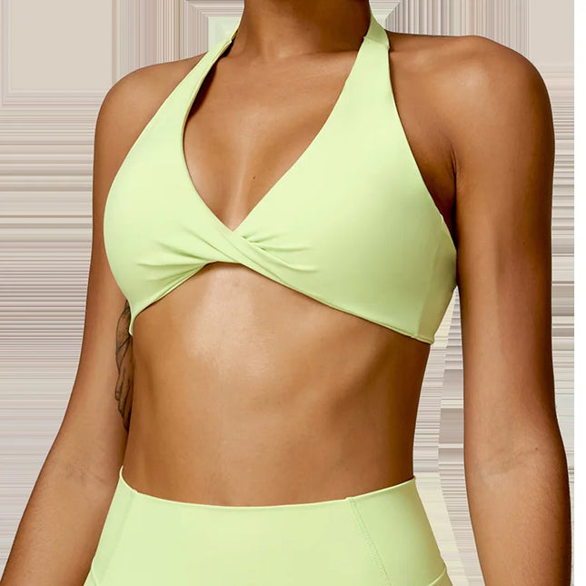 Women's Nylon Halter Sports Bra with Front Twist, Padded and Supportive Bralette for Activewear