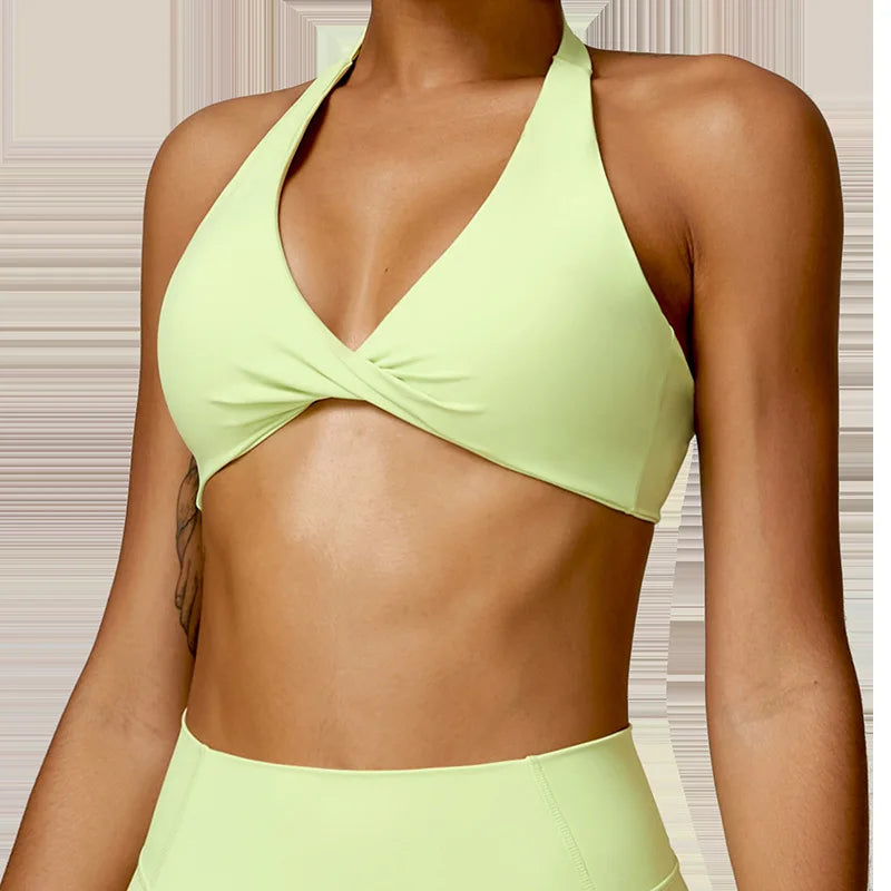 Women's Nylon Halter Sports Bra with Front Twist, Padded and Supportive Bralette for Activewear