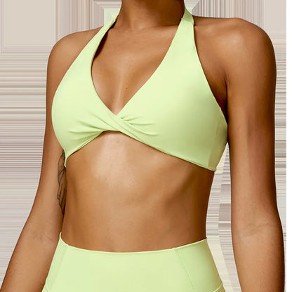 Women's Nylon Halter Sports Bra with Front Twist, Padded and Supportive Bralette for Activewear