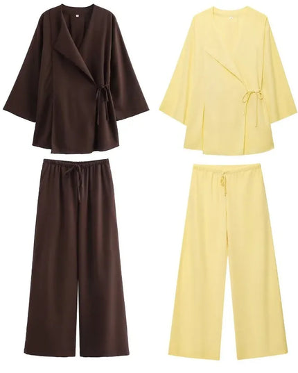 Linen Women's 2-Piece Set: Kimono Style Loose Lace-Up Shirt and Wide Leg Pants