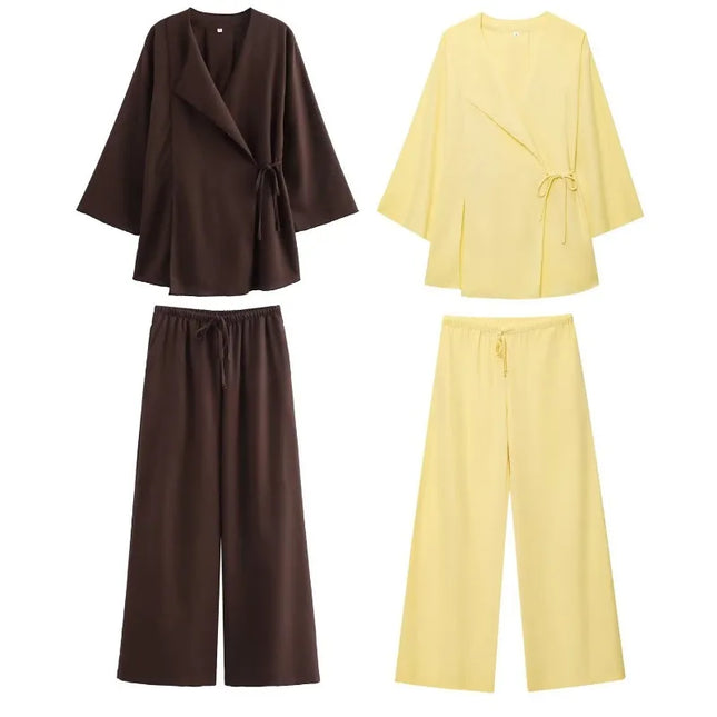 Linen Women's 2-Piece Set: Kimono Style Loose Lace-Up Shirt and Wide Leg Pants