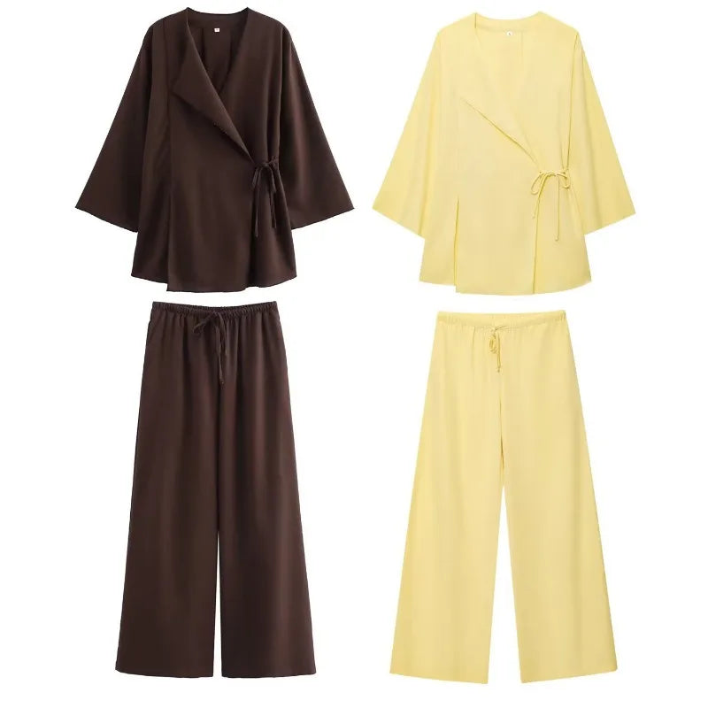 Linen Women's 2-Piece Set: Kimono Style Loose Lace-Up Shirt and Wide Leg Pants