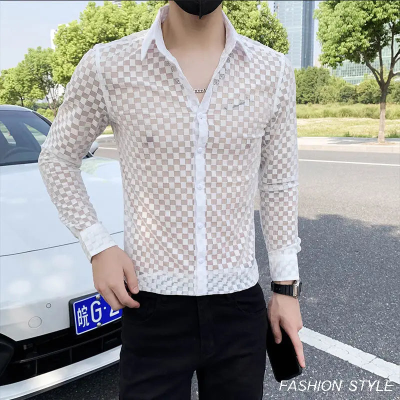 Men's Long Sleeve Plaid Shirt - Slim Fit Button-Down with Hollow Out Design