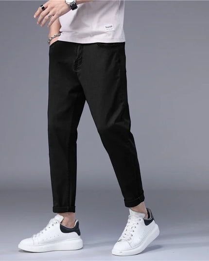 Stylish Slim Fit Men's Korean Style Thin Jeans - Straight Foot Denim Cropped Pants for Men