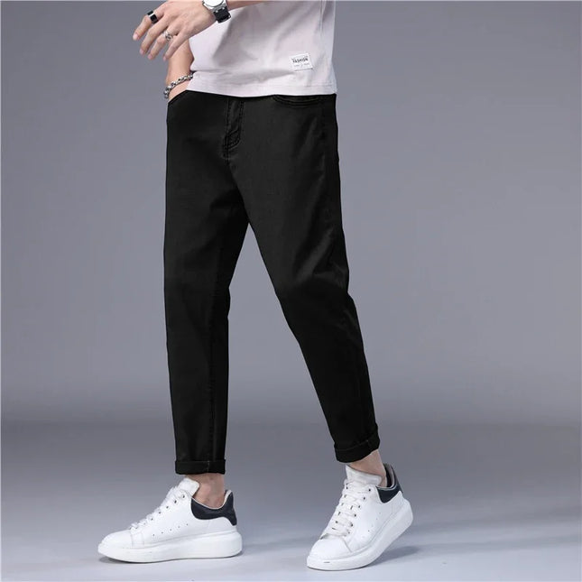 Stylish Slim Fit Men's Korean Style Thin Jeans - Straight Foot Denim Cropped Pants for Men