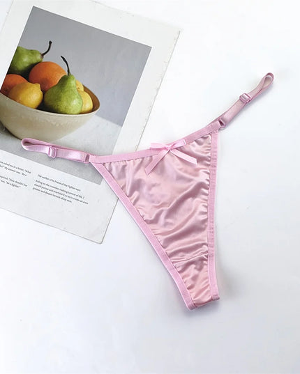 3-Piece Pink Satin Thong Set for Women - Adjustable Low Waist, Comfortable Silk Lace Underwear