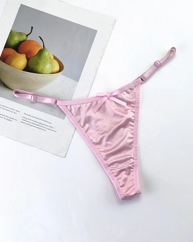 3-Piece Pink Satin Thong Set for Women - Adjustable Low Waist, Comfortable Silk Lace Underwear