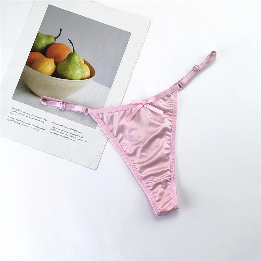 3-Piece Pink Satin Thong Set for Women - Adjustable Low Waist, Comfortable Silk Lace Underwear