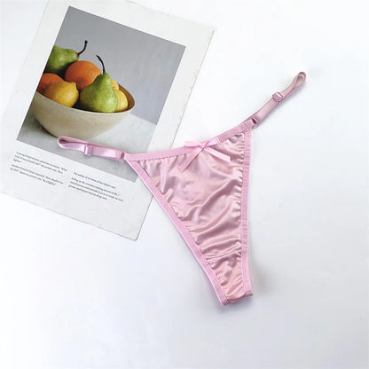 3-Piece Pink Satin Thong Set for Women - Adjustable Low Waist, Comfortable Silk Lace Underwear