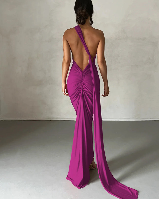 Hugcitar Adjustable Backless Ruched Dress with Single Shoulder and Scarf Loop for Women