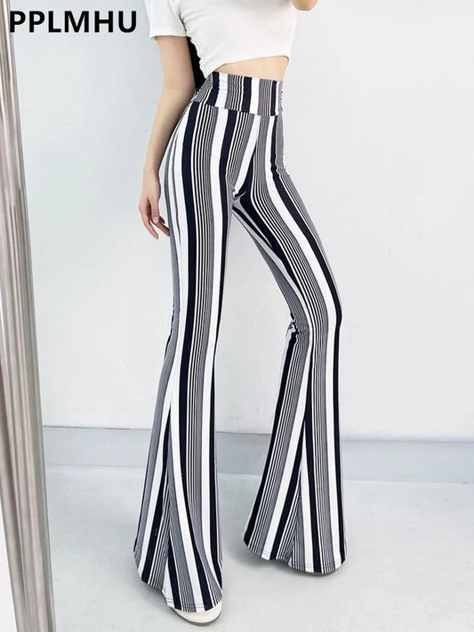Women's Slim High Waist Striped Flare Pants
