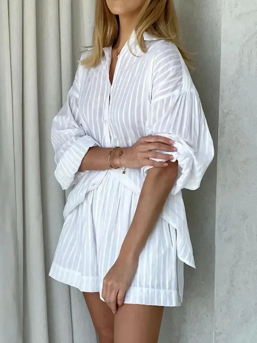 Women's Casual Two-Piece Striped Jacquard Shirt and Elastic Waist Shorts Set